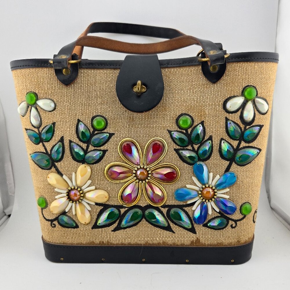 Vintage Enid Collins 1960s Jewel Garden Canvas Bucket Bag Purse RARE